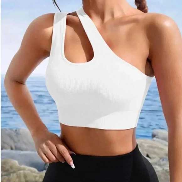 One Shoulder Cut Out Crop Sports Bra athleisure active white - Picture 5 of 5